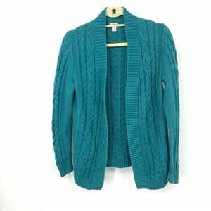 LL Bean Women Size Small Sweater Open Front Cardigan Top Teal Blue Cotton Knit